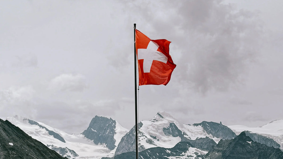 Swiss Flag on pole in front of mountains