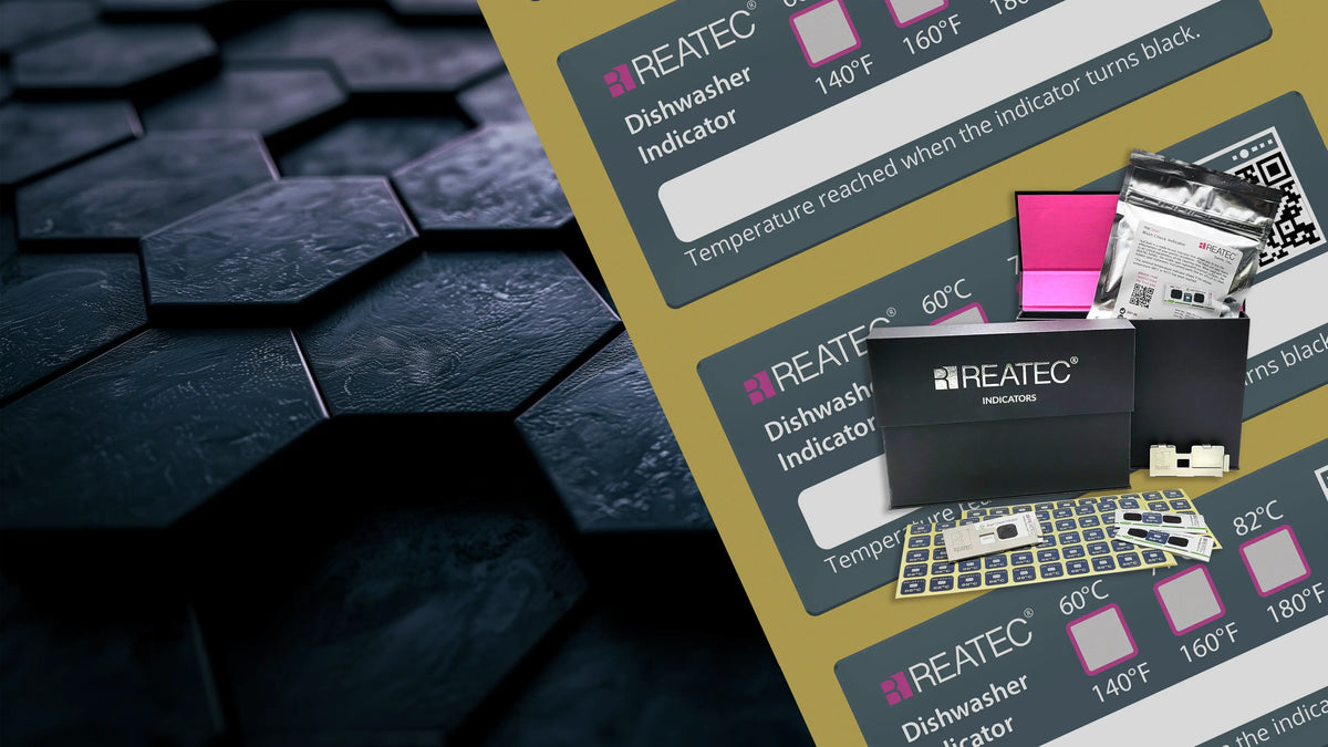Reatec reaWash irreversible wash check indicators selection in front of black hexagons