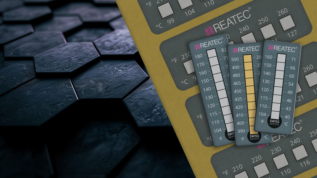 Reatec reaLabel irreversible temperature labels selection in front of black hexagons