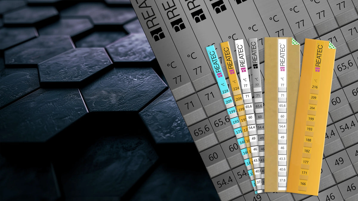 Reatec reaStripe irreversible temperature strips selection in front of black hexagons