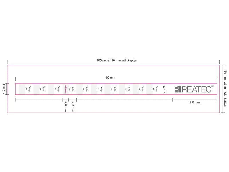 reaStripe 10 protected chemical-resistant irreversible temperature strip technical drawing